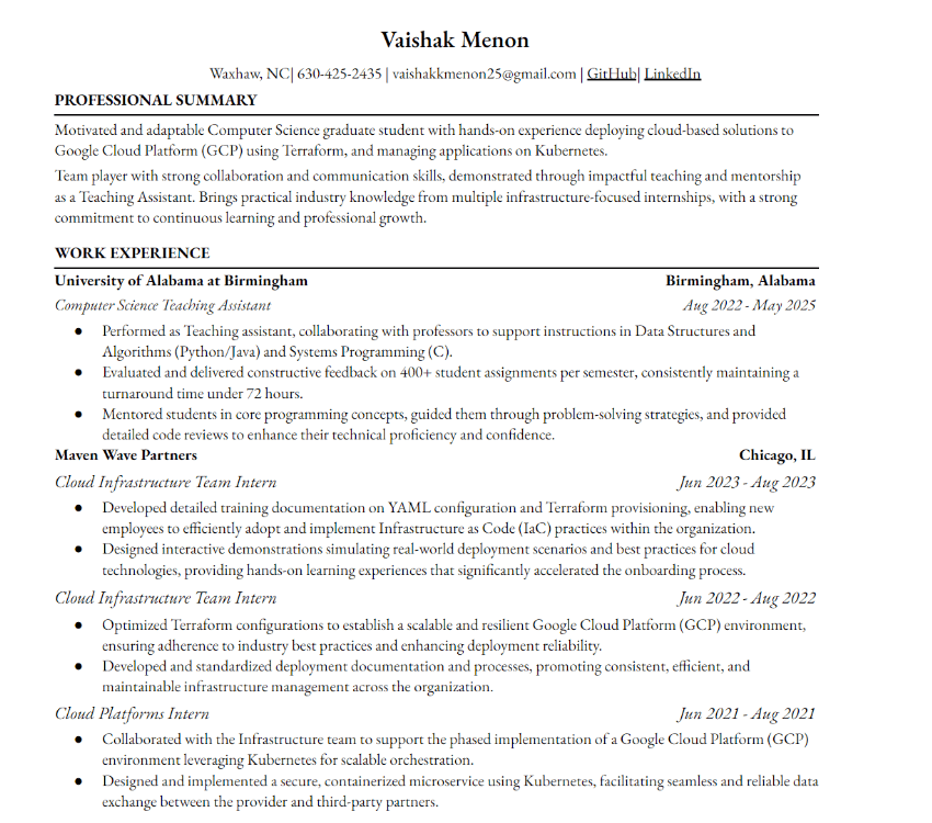 Preview of Vaishak Menon's one-page resume